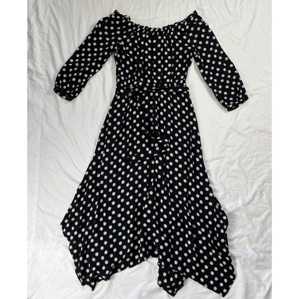 ANTHROPOLOGIE MAEVE Gerti Midi Dress Black Polka Dot Off Shoulder Size 0
